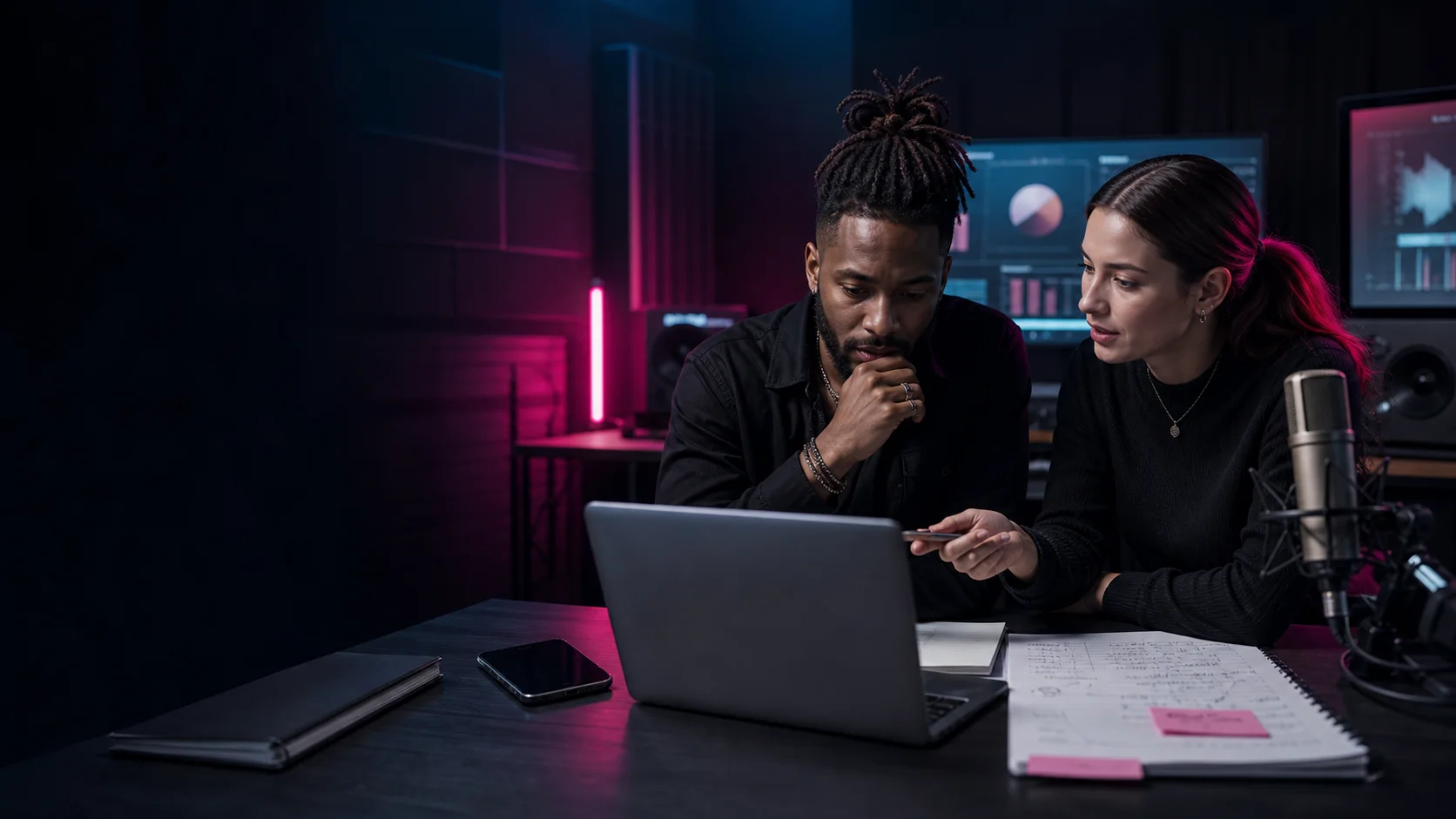Artista indipendente e campaign strategist pianificano una campagna musicale coordinata