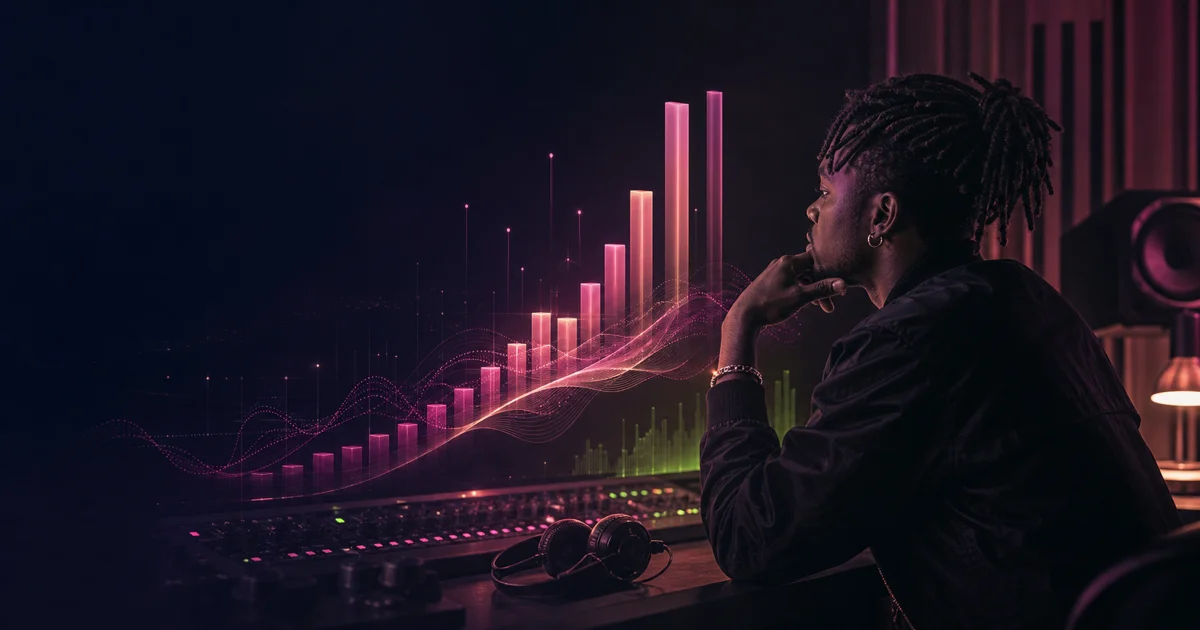 Artist reviewing music chart performance in a studio